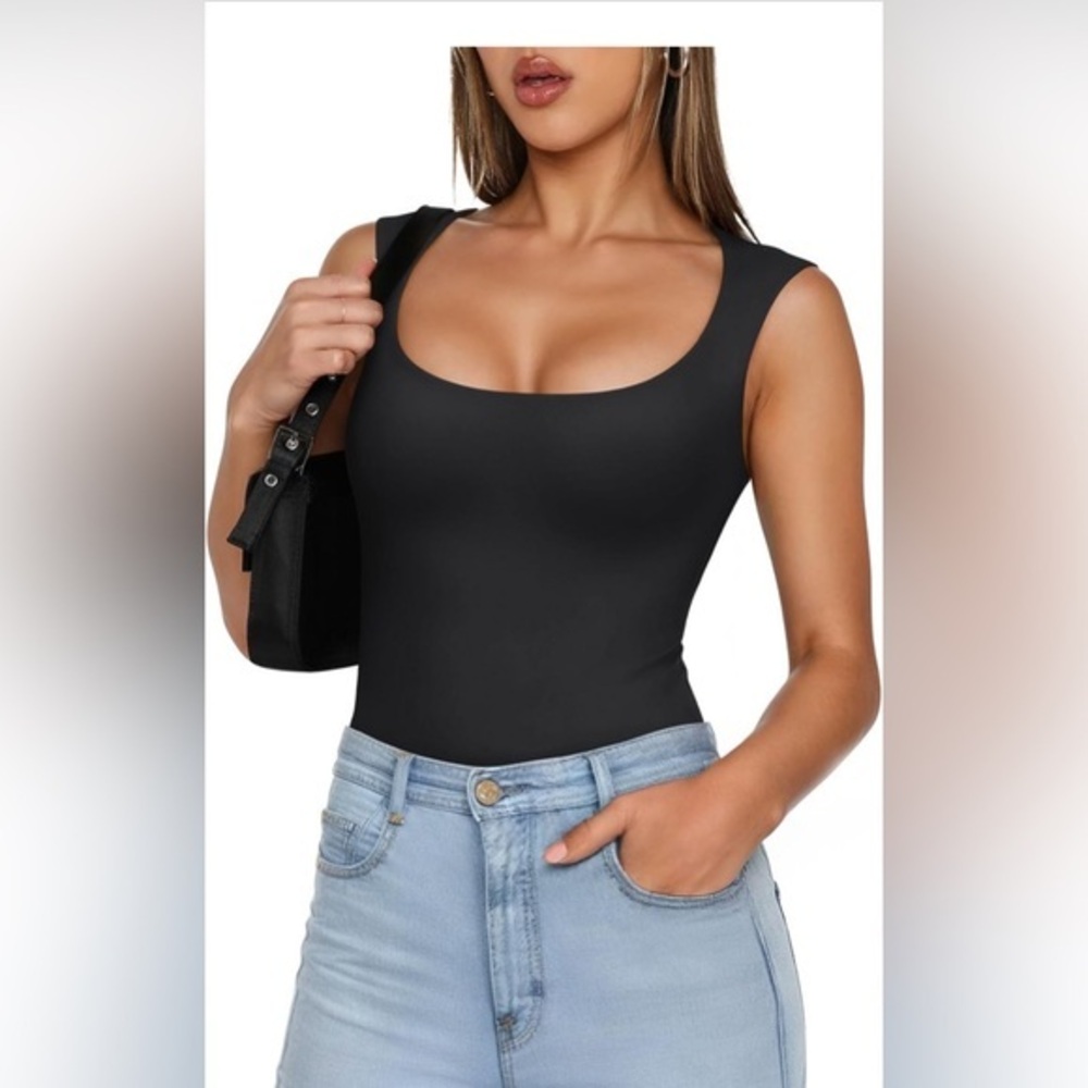 PINKMSTYLE Women's Bodysuit Black Tank Top Basic Slim Fit Double Lined Scoop S